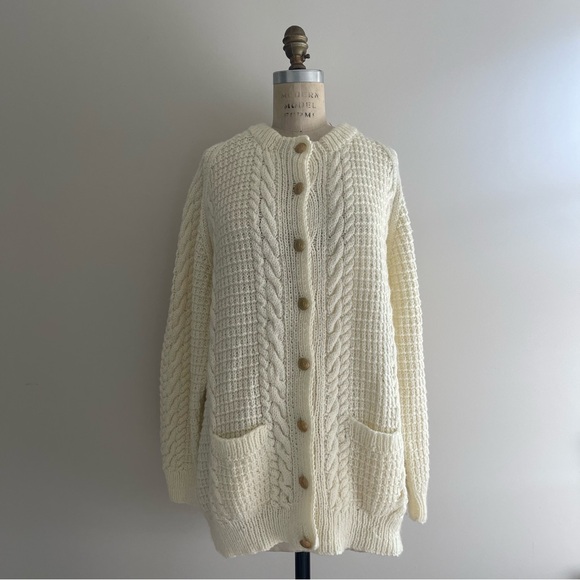 Handmade Sweaters - Vintage Hand Knitted Cable Knit Ivory Cream Sweater Gold Buttons Large